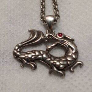 John Hardy vintage Sterling Silver Dragon Necklace, Ruby Eye 18" chain, preloved